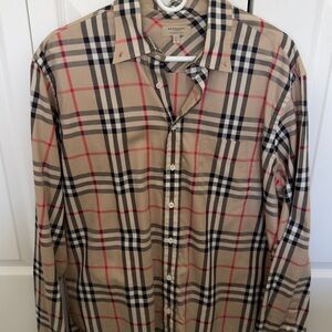 Burberry Men's Tan and Red Plaid Shirt
